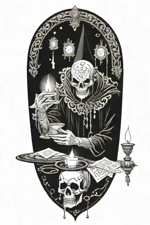 Masked alchemist performing ritual, jewelry, tarot cards, candles tattoo design idea
