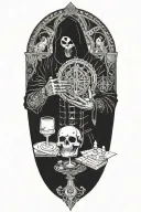 Masked alchemist performing ritual, jewelry, tarot cards, candles tattoo design idea