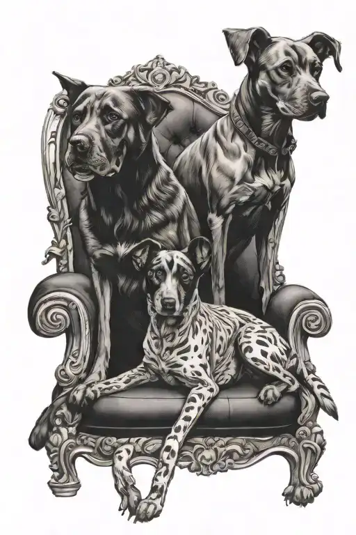 Ade on the armchair and three-headed dog in front of them tattoo design idea