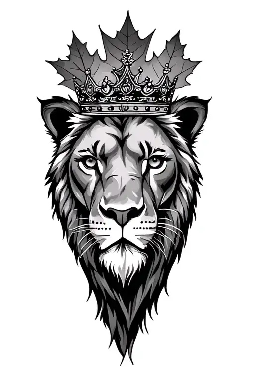A lion head facing forward with a crown, with a maple leaf behind it tattoo design idea