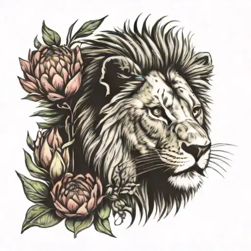 Lion head with table mountain and fynbos bouquet with king protea tattoo design idea