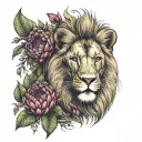 Lion head with table mountain and fynbos bouquet with king protea tattoo design idea