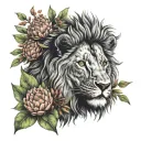 Lion head with table mountain and fynbos bouquet with king protea tattoo design idea