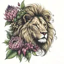 Lion head with table mountain and fynbos bouquet with king protea tattoo design idea