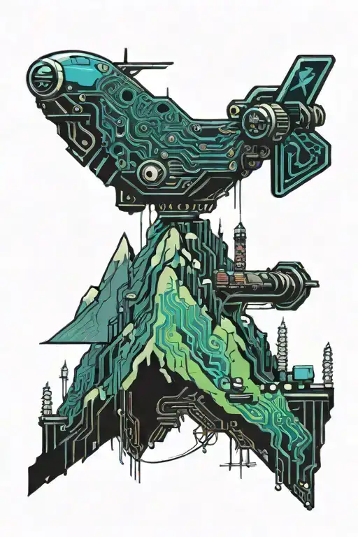 A mountain range made of circuit boards with a spaceship flying overhead tattoo design idea