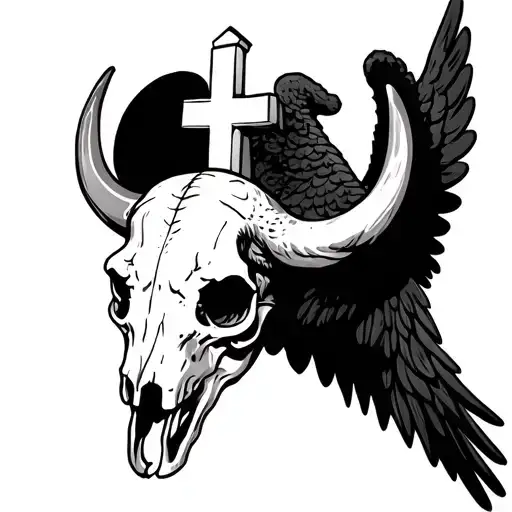 Buffalo skull infront of cross with angel wings tattoo design idea