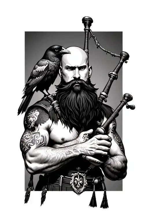 bald bagpiper with black beard with crow featherd muscular body with a mans head and hands  tattoo design idea