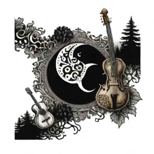 Albanian symbols forming a moon shape surrounded by musical instruments and trees tattoo design idea