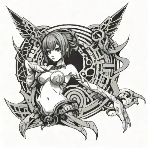 Cyber sigilism styled anime girl stomach open tattoo design idea