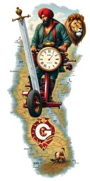 Tractor Plowing, Punjab map with a sword, Farmer man,Lion, Playing Cards, Letter G, Timepiece tattoo design idea