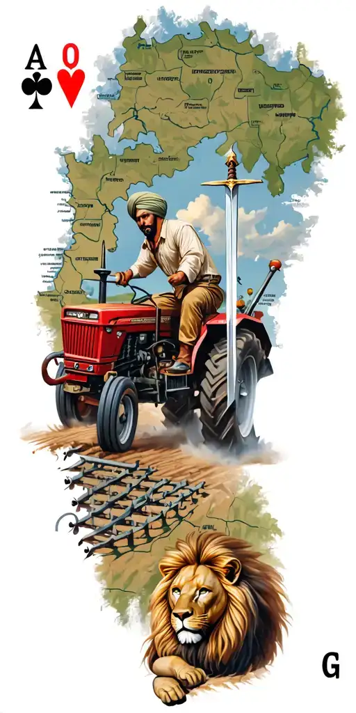 Tractor Plowing, Punjab map with a sword, Farmer man,Lion, Playing Cards, Letter G, Timepiece tattoo design idea