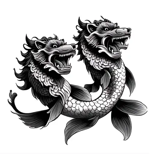 two foo dogs and a koi fish full sleeve tattoo tattoo design idea