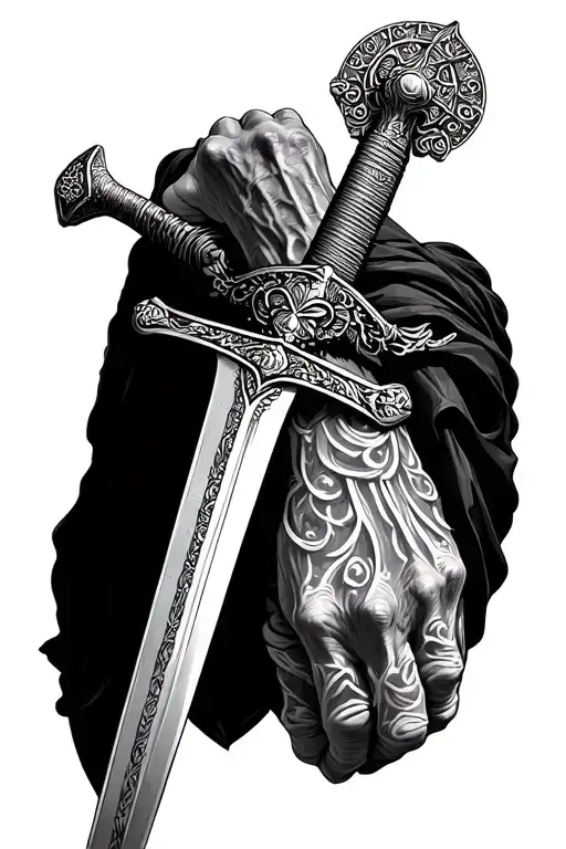 The inside of the hand (biceps) the hilt of the emfes sword, not fully tanned into the scabbard, the ephesus depicted tattoo design idea