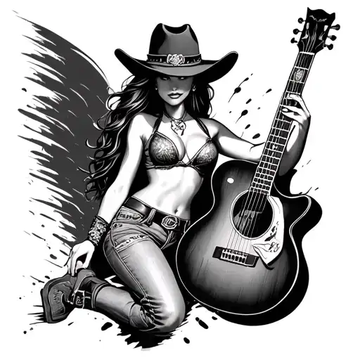 Create a unique tattoo of a sexy cowgirl wearing jeans and playing a guitar while standing. tattoo design idea