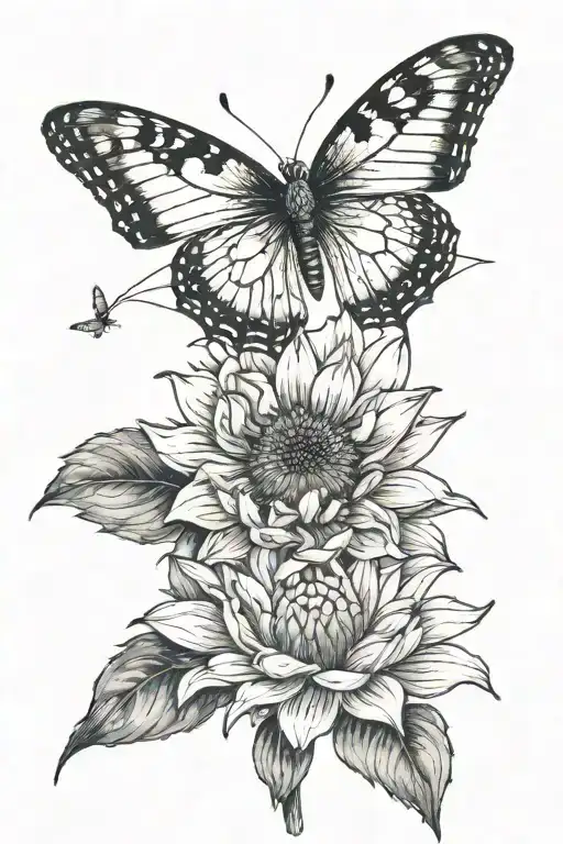 butterfly flying over a lotus flower and a sunflower with hints of dark meaning tattoo design idea