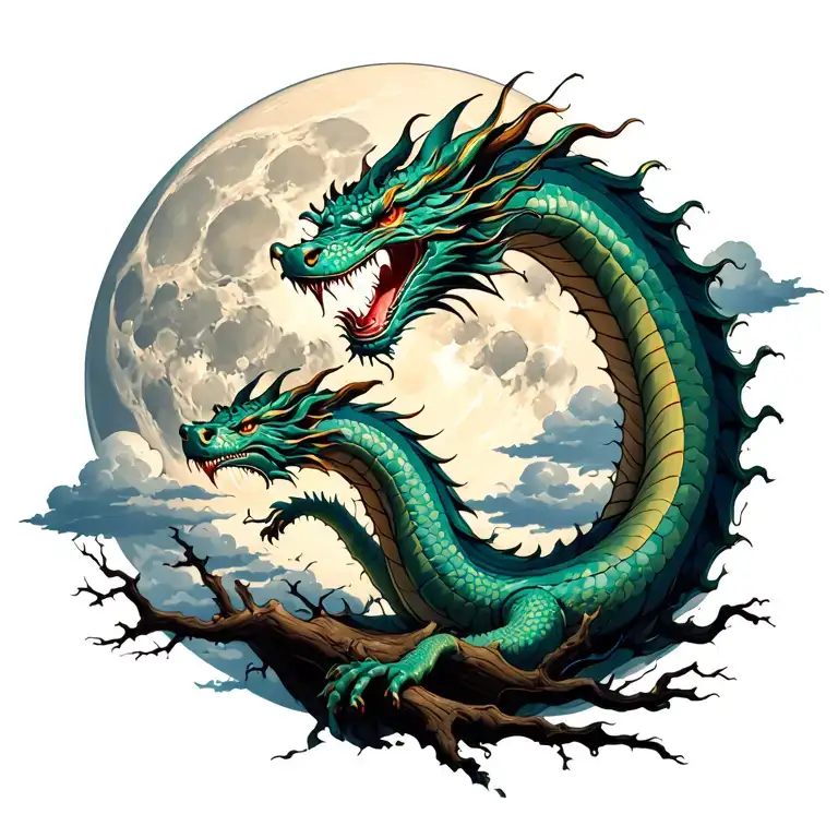 Japanese dragon wrapt around a dying oak tree with a full moon and clouds over the dragon and tree. tattoo design idea