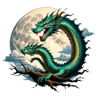 Japanese dragon wrapt around a dying oak tree with a full moon and clouds over the dragon and tree. tattoo design idea