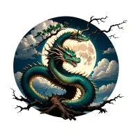Japanese dragon wrapt around a dying oak tree with a full moon and clouds over the dragon and tree. tattoo design idea