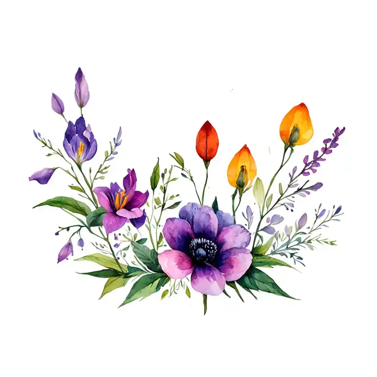 A floral tattoo featuring saffron crocus, purple bougainvillea, anemone red poppy, carnation, snowdrop, hawthorn, lily o tattoo design idea