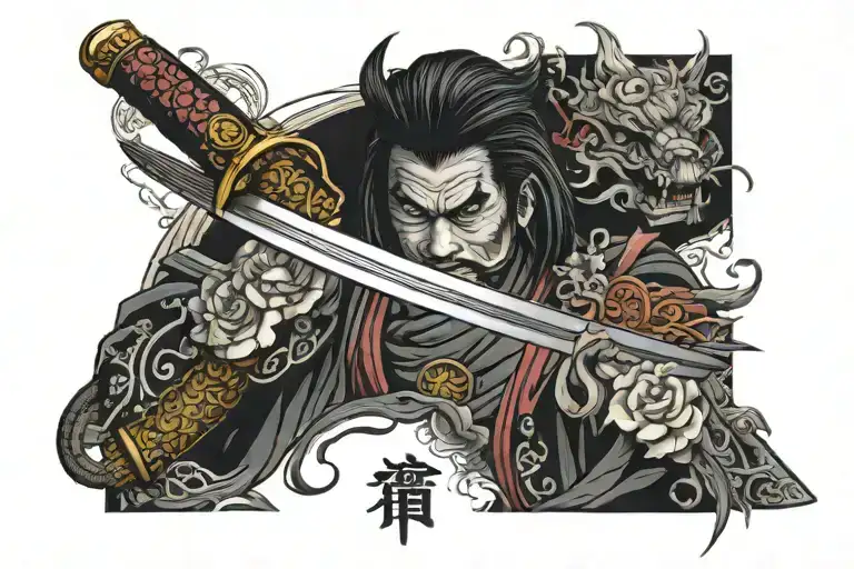 samurai sword embedded tattoo design idea