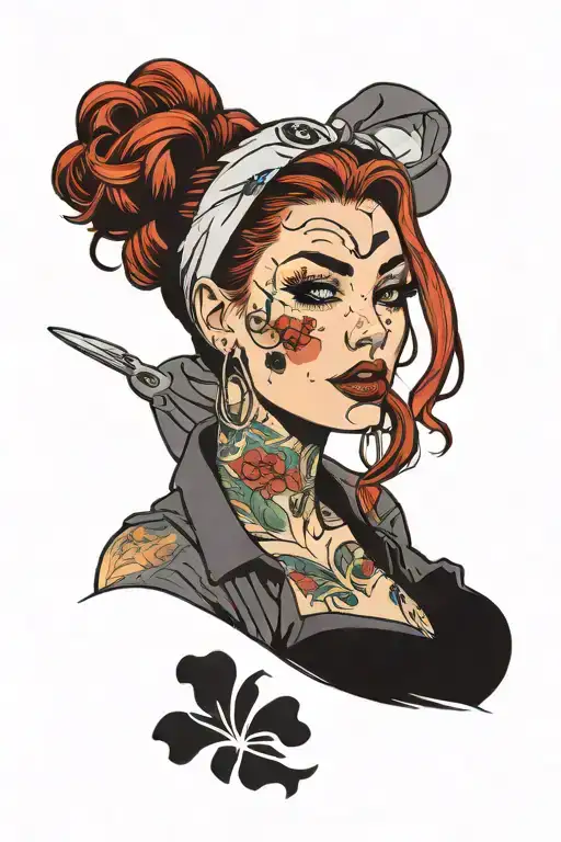 pinup vet tech with tattoos and bruises, bite wounds, red hair in a messy bun and wearing a headband, wearing scrubs tattoo design idea