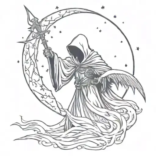 The Grim Reaper, Male angel kisses grim reapers hand, starry sky tattoo design idea