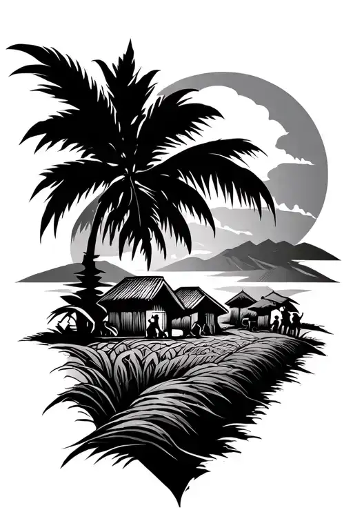 filipino style rice hills on left and right with huts on tem and people working with a filipino sun for right arm sleeve tattoo design idea