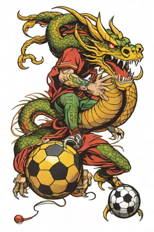 A football player scoring a goal with a Chinese dragon wrapped around the ball tattoo design idea