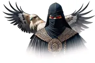warrior wearing black arabic dress with his face covered and his angry red eyes looking at the camera with a falcon site tattoo design idea