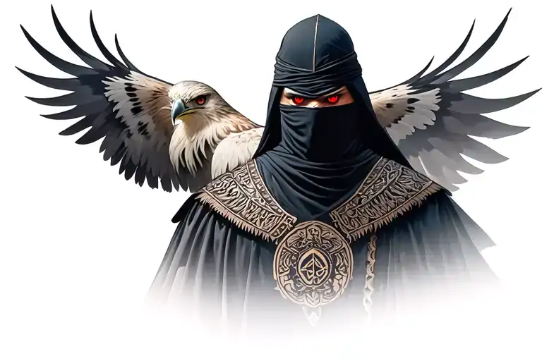 warrior wearing black arabic dress with his face covered and his angry red eyes looking at the camera with a falcon site tattoo design idea