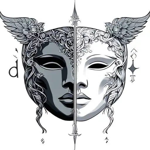 gemini zodiac sign with two faced mask tattoo design idea
