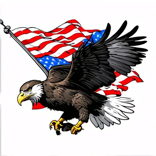 bald eagle flying carrying an American flag waving tattoo design idea