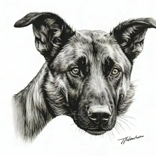 half belgian malinois face with Tiago written through the middle  tattoo design idea