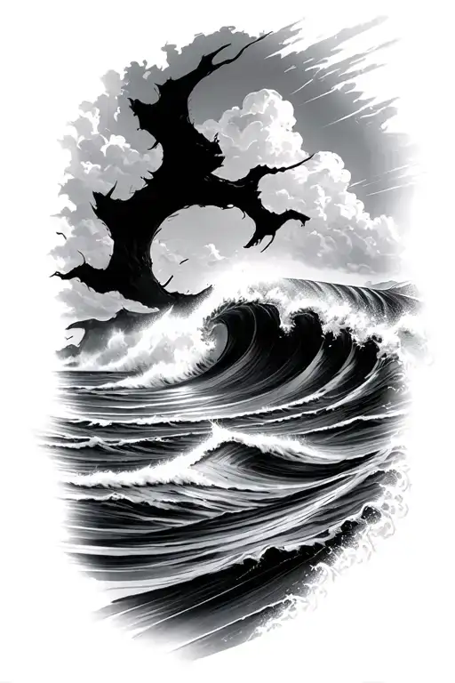 lonely island tidal wave crashing tattoo design idea