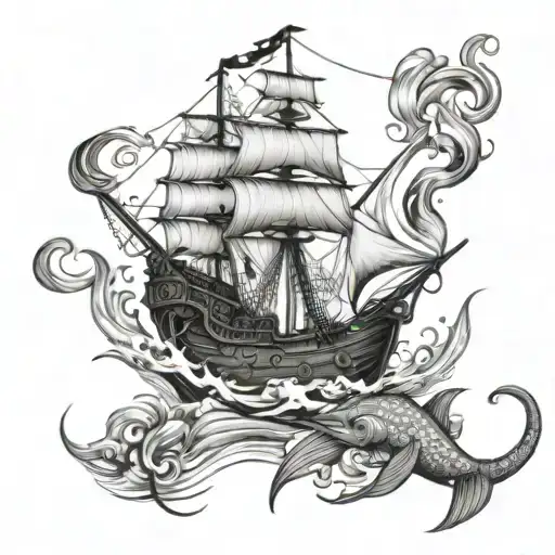 pirate ship and mermaid swimming tattoo design idea