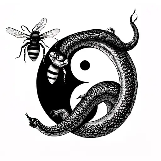 A black-grey tattoo of a snake and bee intertwined in a yin-yang symbol, with elements of hiking trails and military insignia incorporated into the background, representing the client's diverse interests tattoo design idea
