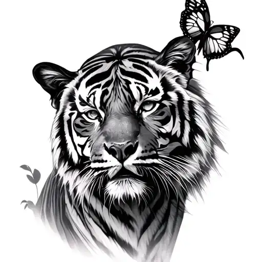 tiger with butterfly  tattoo design idea