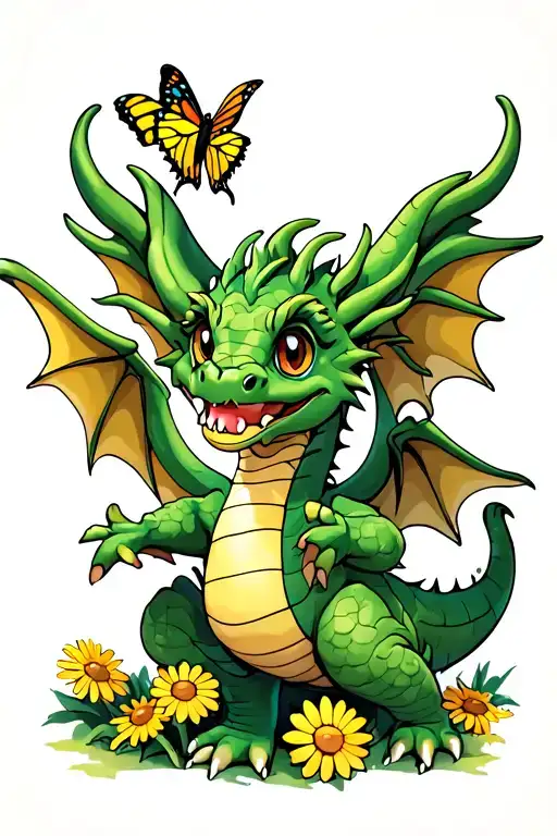 Full body dragon with wings peaceful looking with a yellow swallowtail butterfly landing on its nose and yellow daisies  tattoo design idea