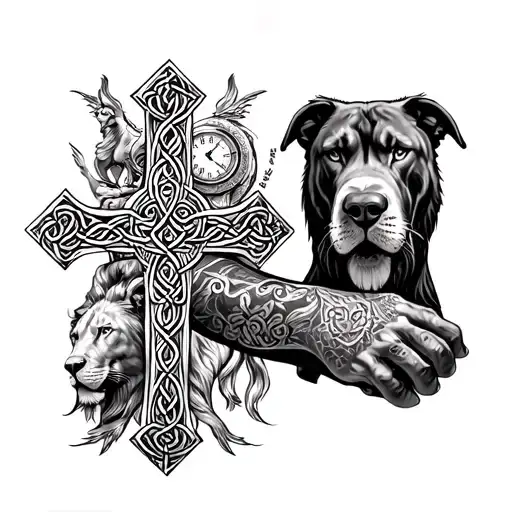 an arm sleeve of celtic tribal with a cross on there, a lion, a grandfather clock, and a pitbull tattoo design idea