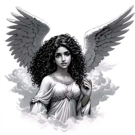 beautiful tan skin curly hair Latina guardian angel surrounded by clouds tattoo design idea