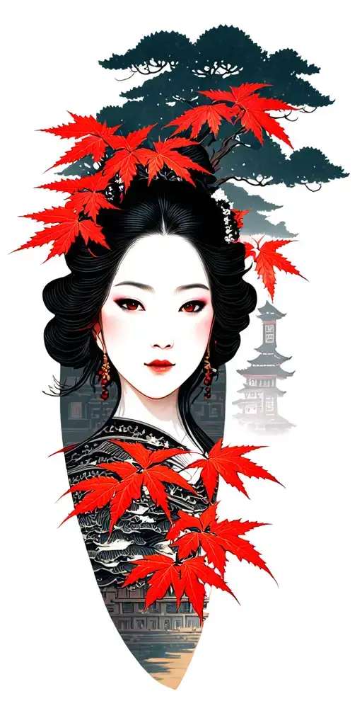 a Japanese maple with red foliage surrounded by a Japanese village tattoo design idea