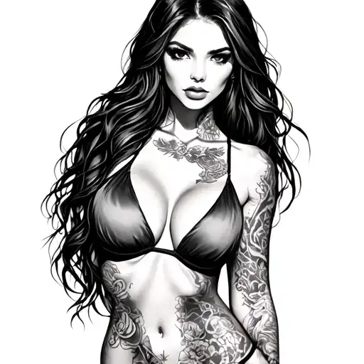 Sexy beautiful girl, petite, big boobs, wide hips, bikini . long hair,sexual. Seductive. Full Body,   tattoo design idea