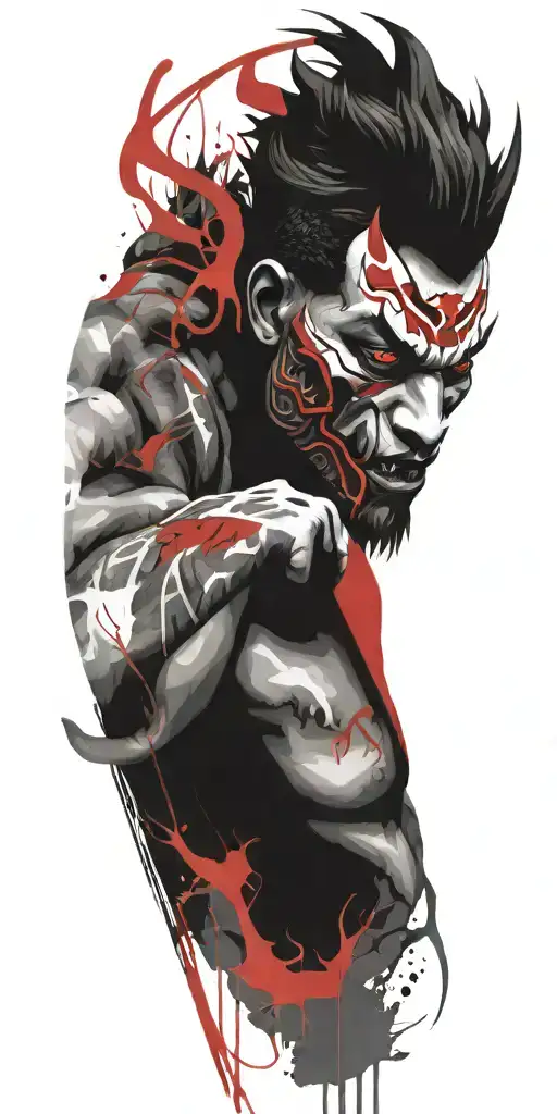 man wearing oni half mask fighting off inner demons  tattoo design idea