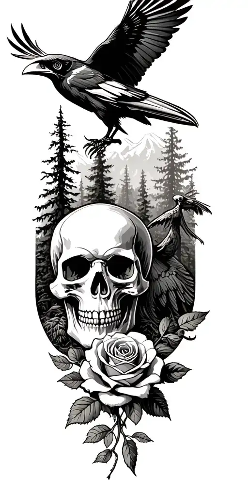 ravens flying, skull, rose with stems, in front of forest  tattoo design idea