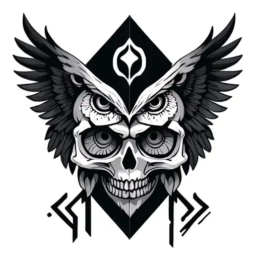 A geometric pattern incorporating Mopar symbols, skulls, and owls in a symmetrical composition, reflecting your love for design and attention to detail tattoo design idea