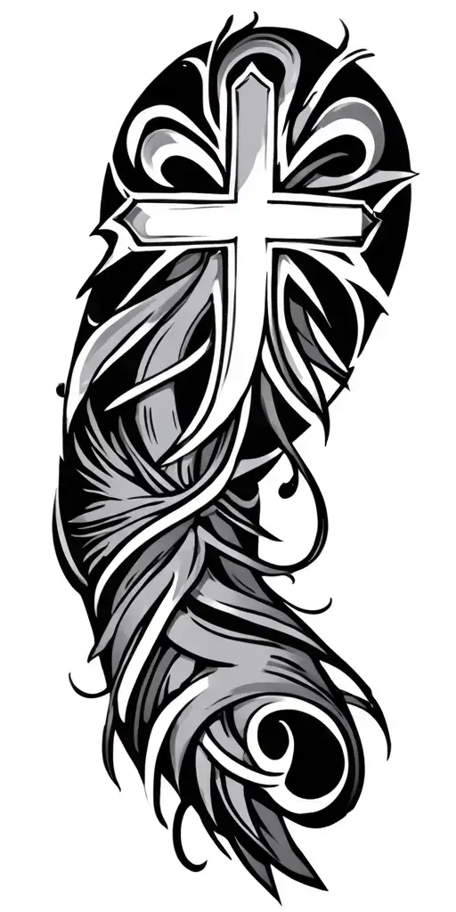 TRIBAL SLEEVE WITH A CROSS AND wound tattoo design idea