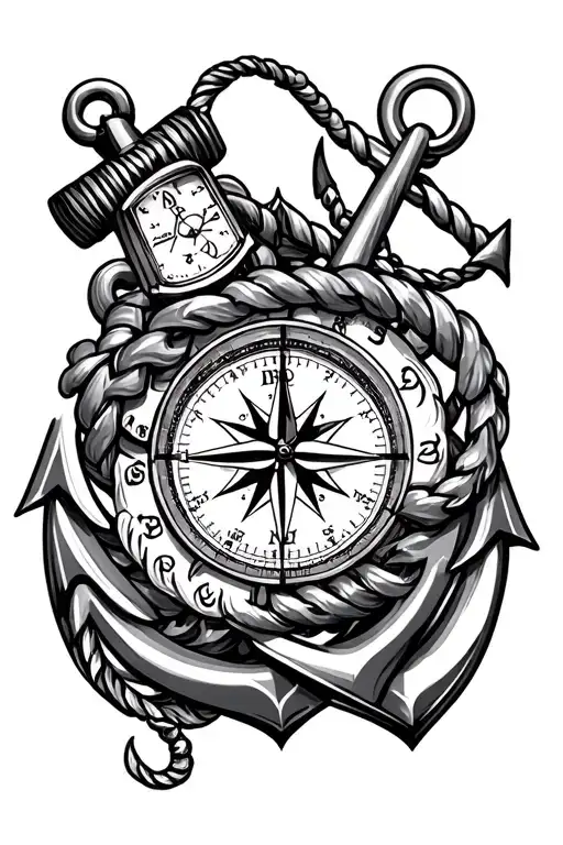 compass and anchor and watch intertwined tattoo design idea