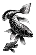 One Big Long Koi Fish swimming, and one Sea Turtle swimming beneath the Koi Fish. Tattoo style, no colour. Shadowing tattoo design idea