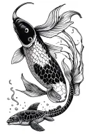 One Big Long Koi Fish swimming, and one Sea Turtle swimming beneath the Koi Fish. Tattoo style, no colour. Shadowing tattoo design idea