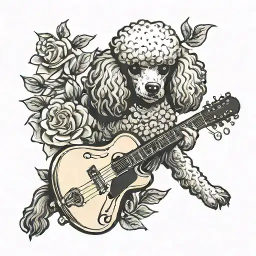 poodle and guitar with roses  tattoo design idea